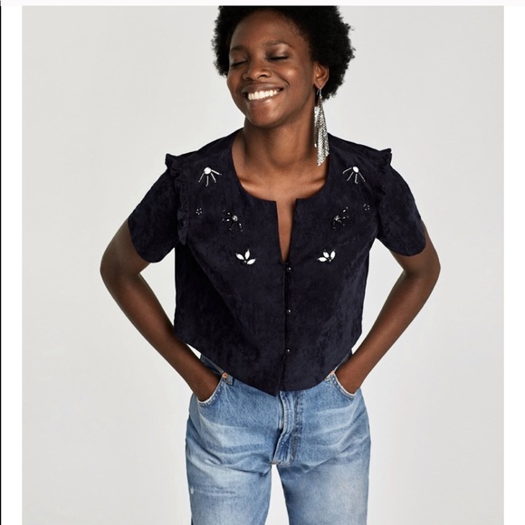 Zara Navy faux top with beads XS - Picture 2 of 6
